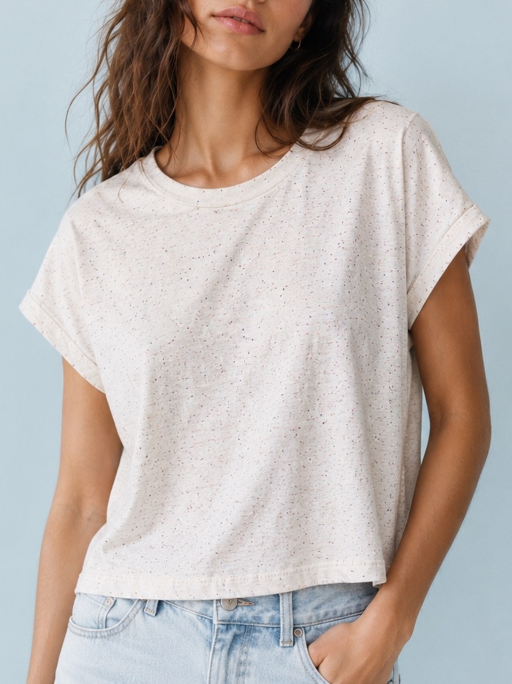 Aritzia Wilfred Speckled Boxy Cropped Tee Cream Cotton T-Shirt Size S
